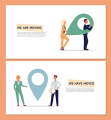 Moving and relocation banners or flyers set with people flat vector illustration.