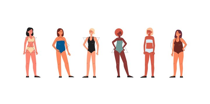 Group of girls showing different female body types a flat vector illustration.