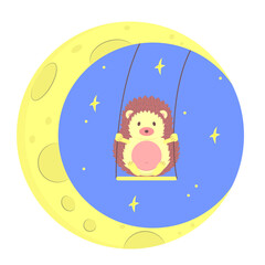 Obraz premium Cute hedgehog sways on a crescent moon. Wonderful forest character. Can be used for t-shirt, emblem, sticker, postcard, badge, kids print, poster, banner. Vector illustration in cartoon style