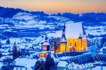 Biertan, Transylvania. Winter medieval landscape in Romania.