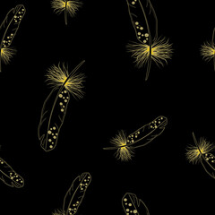 Falling feathers seamless vector pattern. Gold feathers on black background.