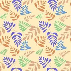 Fototapeta premium Seamless plant pattern, branches ornament. Pink, ilac; purple; blu; beige color. Procreate painted illustration, fantasy ornament with leaves.