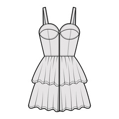 Zip-up bustier dress technical fashion illustration with shoulder straps, fitted body, 2 row mini length ruffle tiered skirt. Flat apparel front, grey color style. Women, men unisex CAD mockup