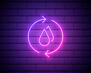 Glowing neon Recycle clean aqua icon isolated on brick wall background. Water recycling energy symbol. Drop of water with recycling. Water refresh arrows. Vector Illustration