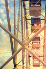 Ferris wheel booths against the sky. Ferris wheel, view from the booth