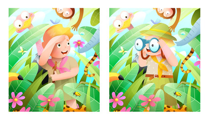 Boy and girl scout kids on jungle safari adventure with African animals, looking with binoculars. Scout kids adventure in forest, vector poster design in watercolor style.