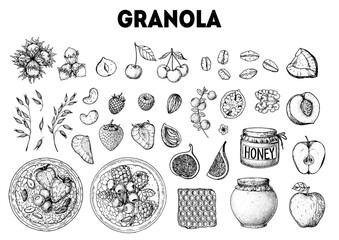 Granola ingredients illustration. Oat flakes , berries, fruits and nuts hand drawn sketch. Granola Breakfast. Muesli food menu design. Hand drawn vector illustration. Granola design - obrazy, fototapety, plakaty