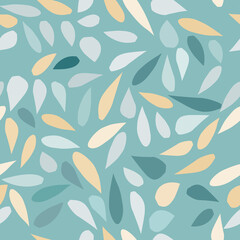 Seamless baby pattern with yellow, black and green hand drawn leaves on a pastel green blue background. The pattern can be used for wrapping papers, cards, covers, textile prints. Vector, eps 10.