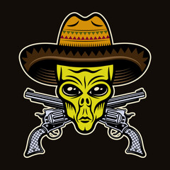 Alien head in sombrero and crossed guns vector illustration in colorful cartoon style isolated on dark background