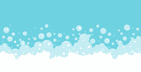 Soap bubbles and foam vector background, transparent suds border. Abstract illustration - obrazy, fototapety, plakaty