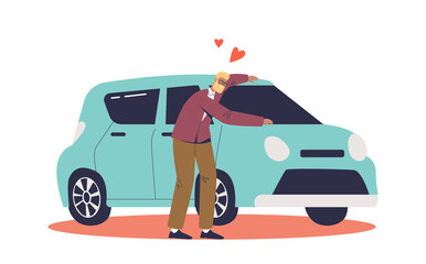 Happy man buying car. Cheerful male vehicle owner hugging with love new auto