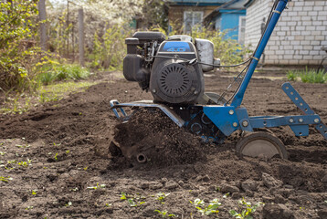 cultivator plows the land, loosen the land with a hand-held motor plow, seasonal gardening in spring