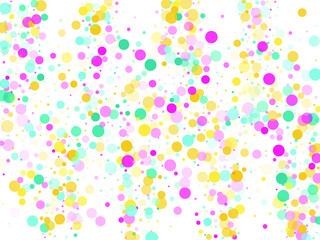 Memphis round confetti falling background in teal, crimson and yellow on white. Childish pattern vector, children's party birthday celebration background. Holiday confetti circles in memphis style.