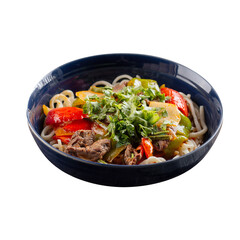 Isolated bowl of oriental uyghur lagman noodles dish