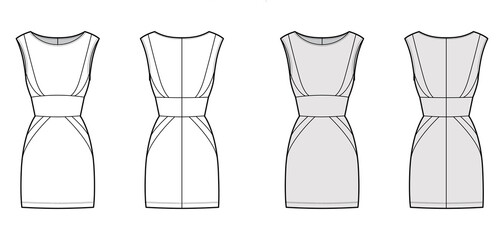 Naklejka premium Dress panel tube technical fashion illustration with hourglass silhouette, sleeveless, fitted body, mini length skirt. Flat apparel front, back, white, grey color style. Women, men, unisex CAD mockup