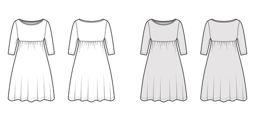 Dress babydoll technical fashion illustration with elbow sleeves, oversized body, knee length A-line skirt, boat neck. Flat apparel front, back, white, grey color style. Women, men unisex CAD mockup