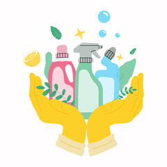 Eco friendly cleaning products.Hands in gloves holding window-cleaner product in bootle and detegent.Vector illustration