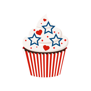 4th of July cupcake sweets food. USA happy independence day icing muffin with red heart and blue stars. Flat design cartoon holiday dessert vector clip art illustration.
