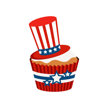 4th of July cupcake patriotic sweets food with hat. USA happy independence day icing muffin with blue stars and red cylinder hat. Flat design cartoon holiday dessert vector food clip art illustration.