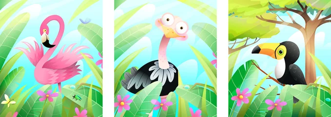 Keuken spatwand met foto Cute baby toucan, flamingo and ostrich in green nature framed with leaves, grass and trees. Colorful birds poster or greeting cards collection for kids, vector illustration in watercolor style. © Popmarleo