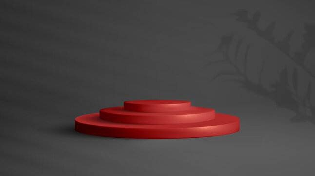 3D Red Podium On Soft Black Background. 3D Stage Round Podium Vector. Award Winner Platform Studio.