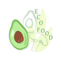 Avocado and broccoli vector illustration. Fresh veggies nutrition. Organic vegan product. Isolated symbol of healthy food.