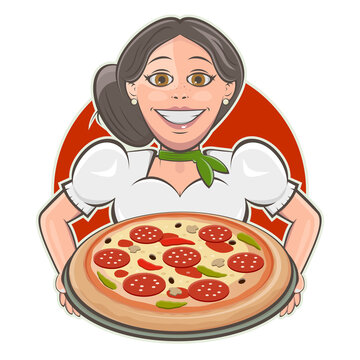 italian girl serving delicious pizza cartoon logo