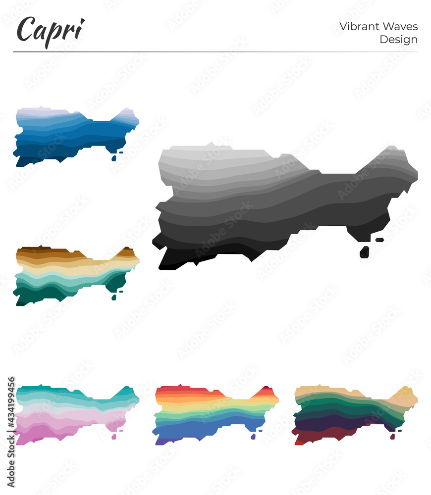 Poster set of vector maps of capri. vibrant waves design. bright map of the island in geometric smooth curv