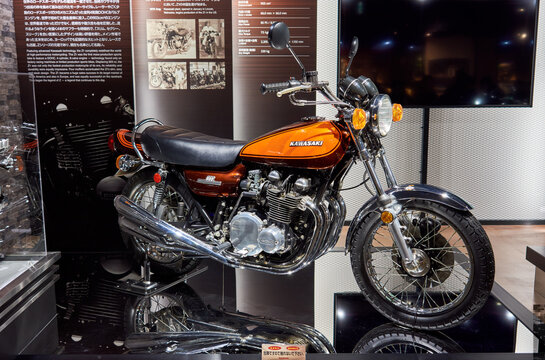Kawasaki Z1 four-cylinder classic motorcycle in Kawasaki museum in Kobe, Japan
