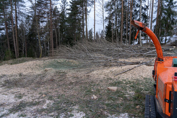 Wood Chipper surrounded by wood chips.