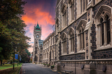 Old university building and colourful sunset