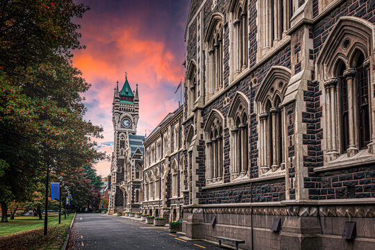 Old university building and colourful sunset