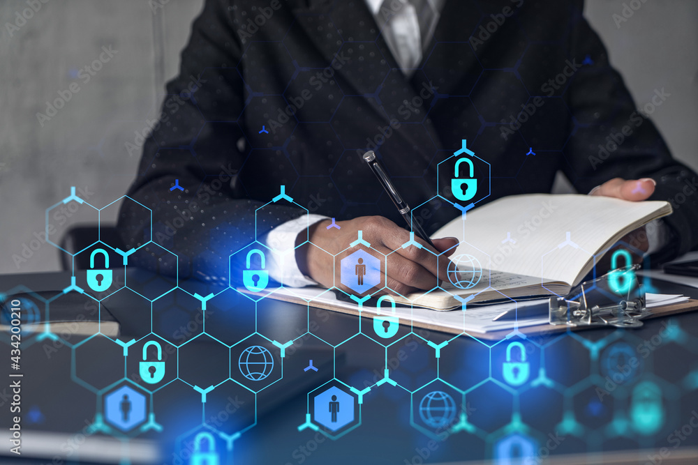 Poster businesswoman is taking notes of clients needs to protect cyber security from hacker attacks and sav