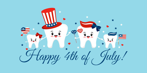 Independence day teeth happy family isolated. Smiling tooth with faces - mum, dad, son, daughter and USA photo booth props glasses, hat, flag,American independence day teeth happy family greeting card - obrazy, fototapety, plakaty