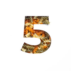 Number five made of italian food fusilli pasta, white cut paper in shape of fifth numeral. Typeface...