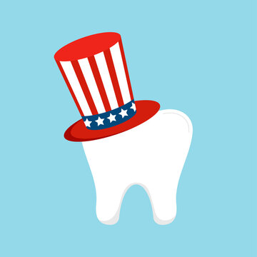 4th of July tooth in Uncle Sam hat icon isolated on background.  American dentist sign - white tooth wear cylinder holiday hat. Flat design cartoon style vector independence day dental illustration. 