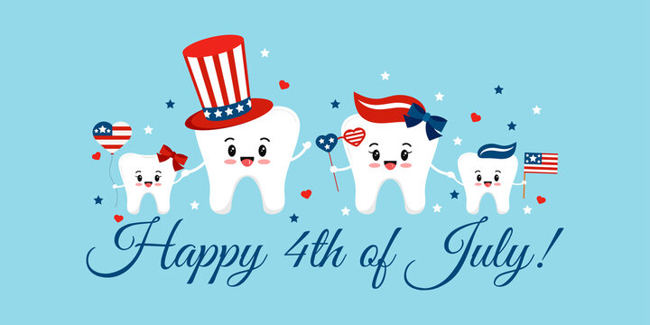 Independence day teeth happy family isolated. Smiling tooth with faces - mum, dad, son, daughter and USA photo booth props glasses, hat, flag,American independence day teeth happy family greeting card