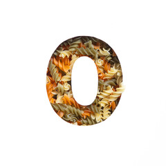 Number zero made of italian pasta fusilli, paper cut null shape on white. Typeface for products...
