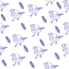 Bird seamless vector pattern.Graphic style Robbin on white . Use for fabric, wrapping paper, greeting cards.