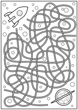 Coloring maze game with space rocket. Cartoon vector outline labyrinth education puzzle. Find path. Kids activity worksheet.