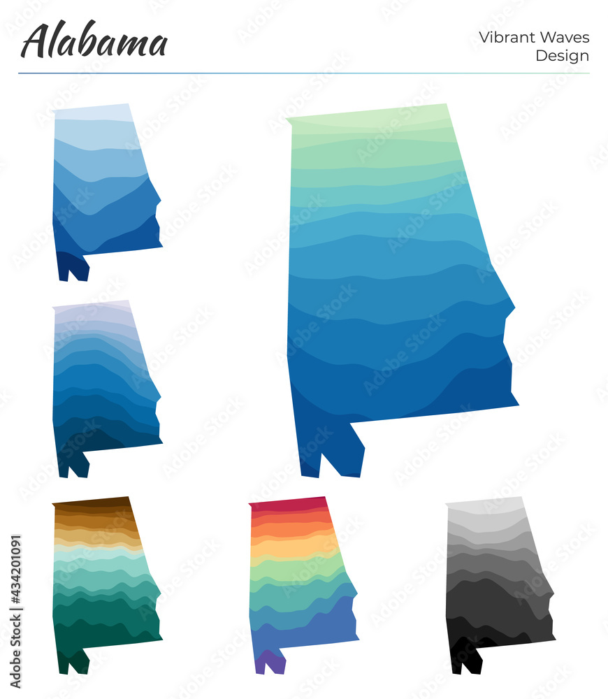 Aufkleber set of vector maps of alabama. vibrant waves design. bright map of the us state in geometric smooth 