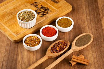 Variety of spices and seasonings on the table.
