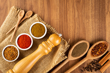 Variety of spices and seasonings on the table.