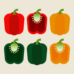 Bell Pepper vector drawing set. Isolated peppers, sliced piece vegetable.