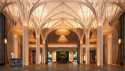 3d render of luxury hotel entrance reception lobby - obrazy, fototapety, plakaty