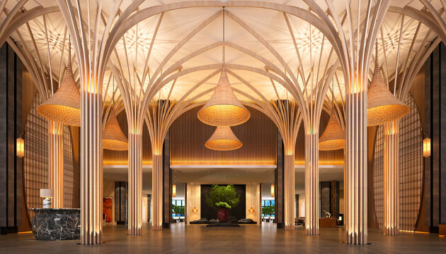 3d render of luxury hotel entrance reception lobby