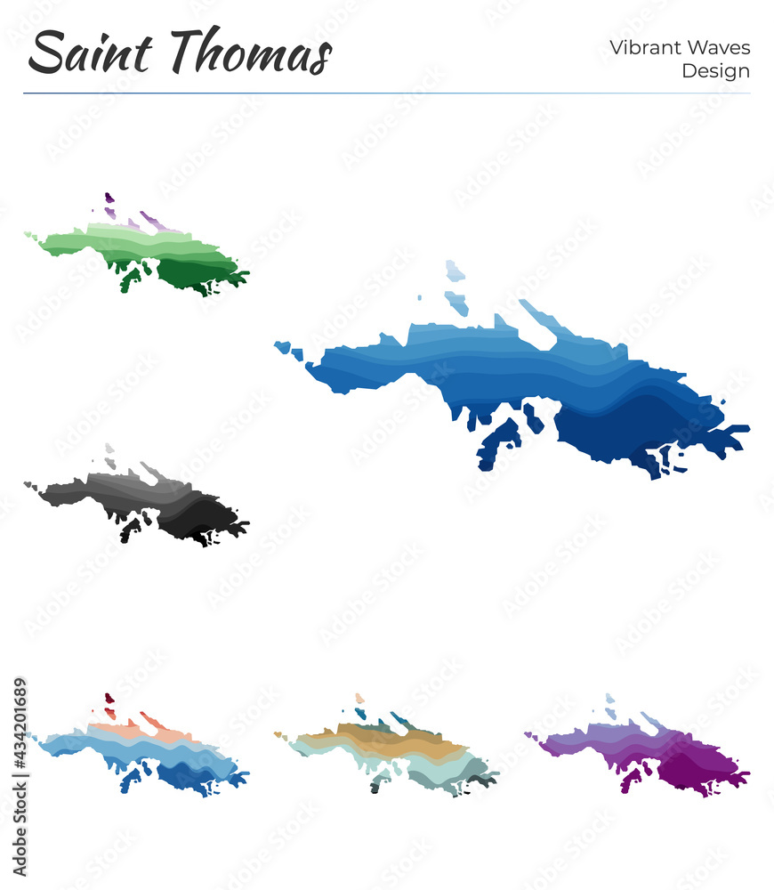 Poster set of vector maps of saint thomas. vibrant waves design. bright map of island in geometric smooth c