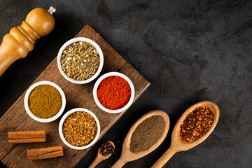 Variety of spices and seasonings on the table.