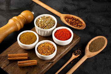 Variety of spices and seasonings on the table.