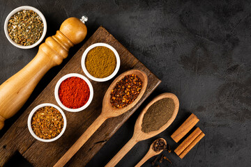 Variety of spices and seasonings on the table.